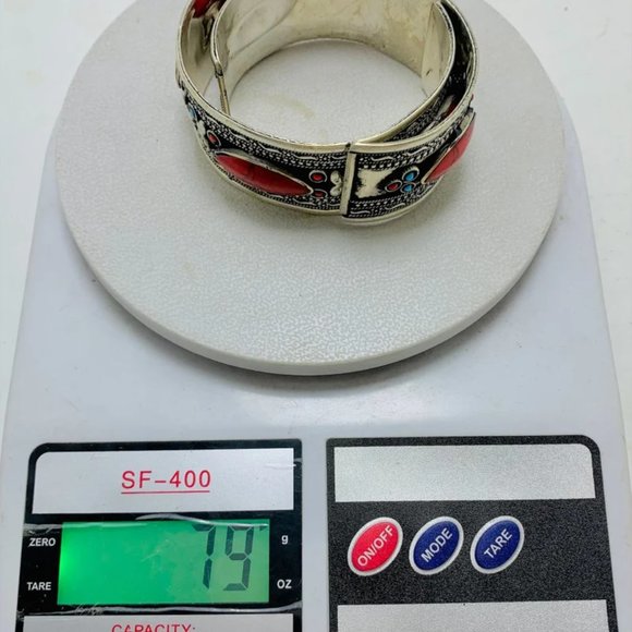 Single Kuchi Tribal Cuff Bracelet: Red Stone Boho Jewelry - Picture 6 of 12